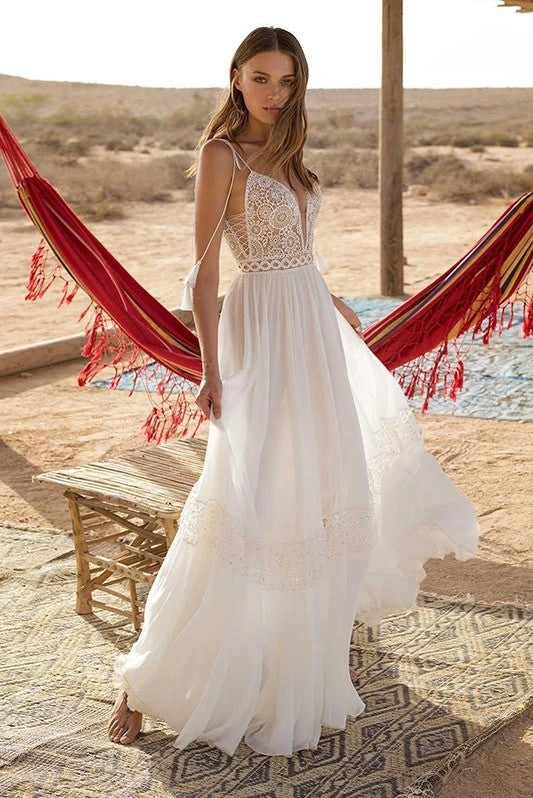 Lace Bohemian Wedding Dress Backless Sweep Train Robe De Mariée