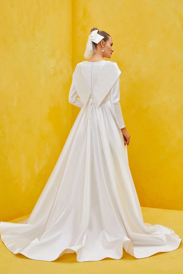 Simple Satin Long Sleeve Wedding Dresses Muslim Bridal Gowns ZW932