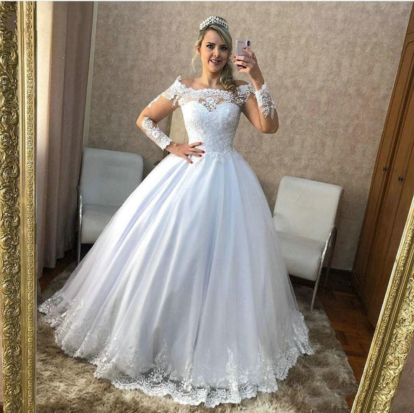Off the Shoulder Long Sleeve Ball Gown Lace Wedding Dresses