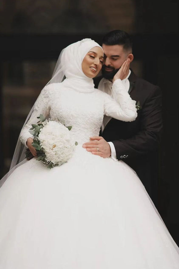 Tulle Ball Gown Islamic Luxury Muslim Wedding Dresses