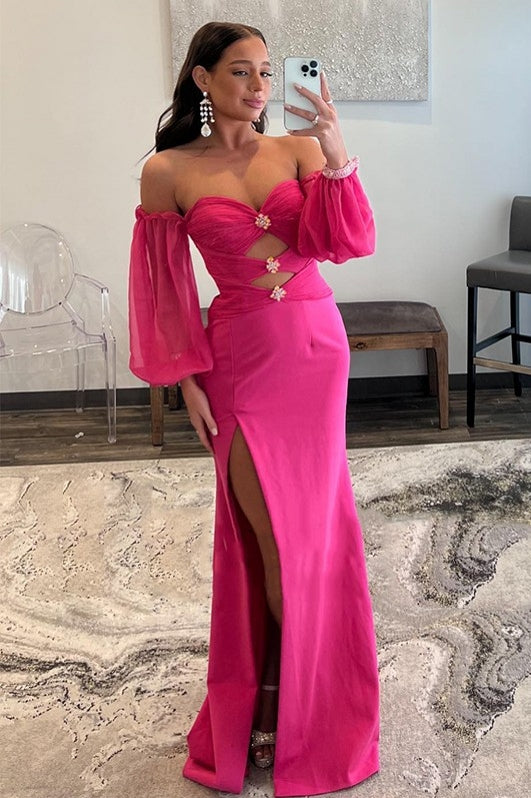 Hot Pink Long Mermaid Evening Party Dress Sweetheart Fuchsia Gown