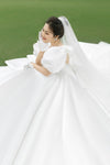 Chapel Train Satin Long Wedding Dresses Puffy Sleeves Ball Gown