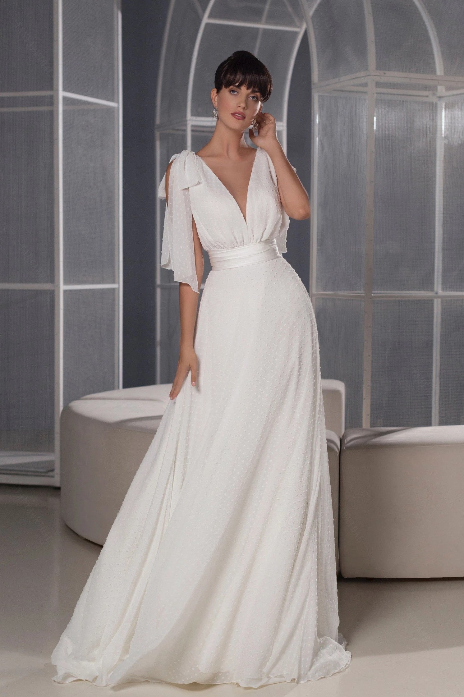 Dot Chiffon A Line Wedding Dresses V-Neck Vestido De Noivas ZW857 TANYA BRIDAL Dot Chiffon A Line Wedding Dresses V-Neck Vestido De Noivas ZW857 TANYA BRIDAL