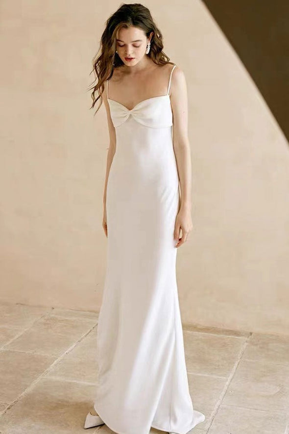 Simple Satin Sheath Long Wedding Dress Bow Neck