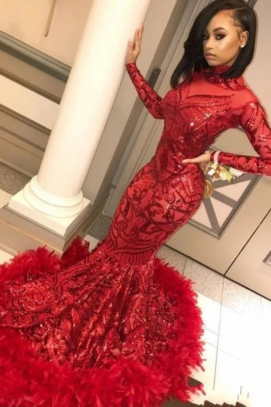 Red Mermaid African Prom Dress Feather Long Sleeve TANYA BRIDAL Red Mermaid African Prom Dress Feather Long Sleeve TANYA BRIDAL