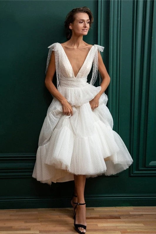 Dot Tulle A Line V Neck Tea Length Short Vintage Wedding Gown