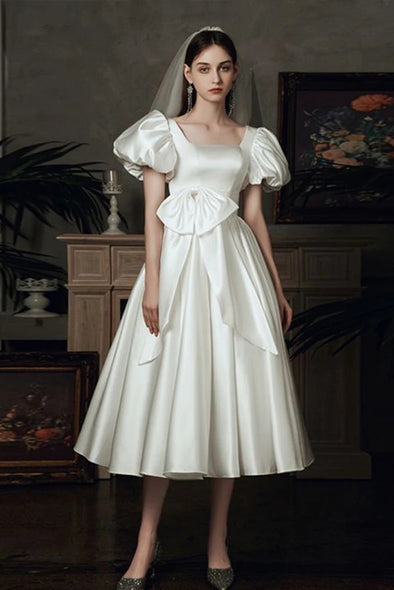 Short Puff Sleeve Satin Wedding Dresses With Bow ZW905