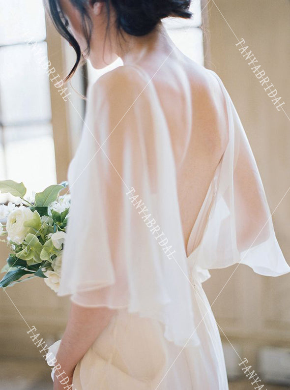 Ruffles Sleeve Deep V-Neck A Line Wedding Dresses DW407