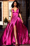 Hot Pink V Neck Sexy High Split Prom Dress Evening Gown