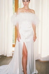 Boat Neck Simple Luxury Wedding Dresses With Feather DW718