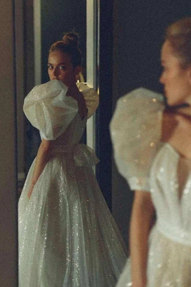 Shiny Glitter Wedding Dresses with Puff Short Sleeves TANYA BRIDAL Shiny Glitter Wedding Dresses with Puff Short Sleeves TANYA BRIDAL