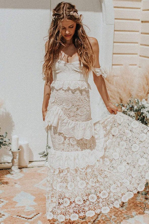 Bohemian Off The Shoulder Floor Length Floral Lace Chic Elegant Wedding Dresses