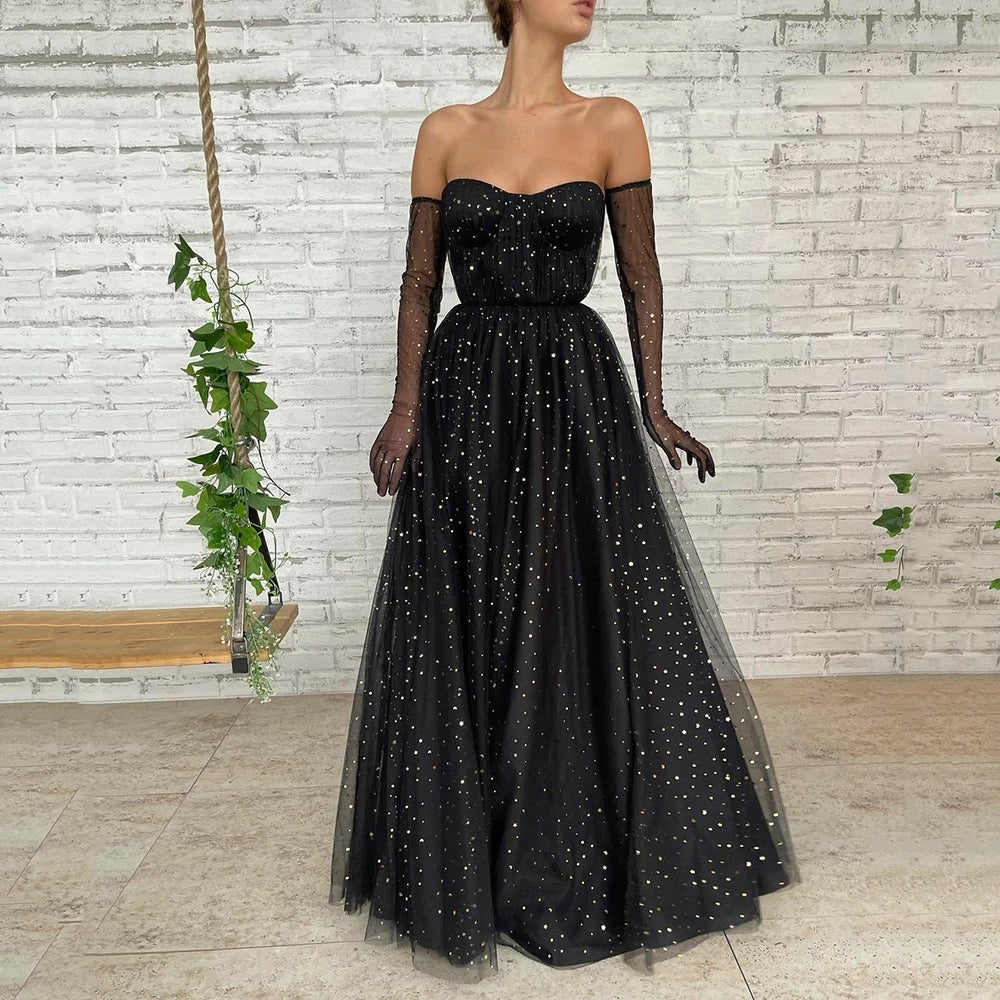 tulle dress with sequins Veined in White 28 the skirt flows free Black Sequins Tulle Prom Dresses