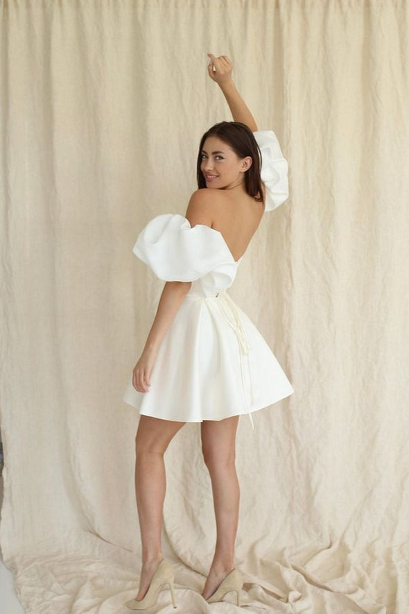 Short Puffy Sleeves Lace Up Back Satin Mini Wedding Gown