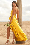 High Low Yellow Beach Ruffles Prom Dress Cross Back