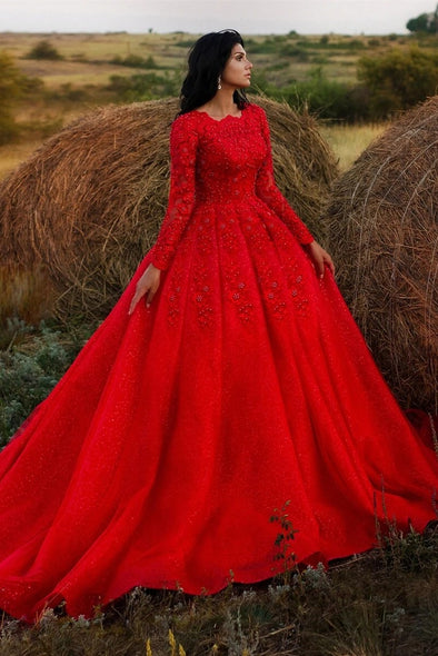 Red Long Sleeves Wedding Dress Chapel Train Lace Appliques