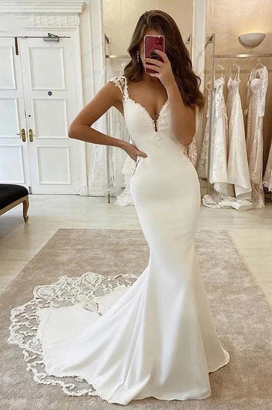 Mermaid Backless Sexy Wedding Dress With Lace Appliques Cape Sleeves