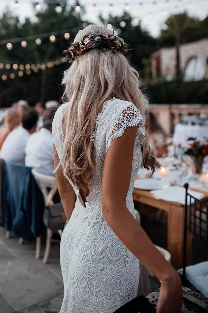 V Back Mermaid Long Lace Wedding Dress With Short Sleeves TANYA BRIDAL V Back Mermaid Long Lace Wedding Dress With Short Sleeves TANYA BRIDAL