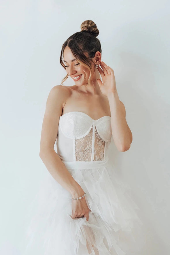 Super Edgy Wedding Dresses With Touch Sexy Glam. Sheer Lace BodiceTiered Tulle Skirt Bridal Gown ZW790