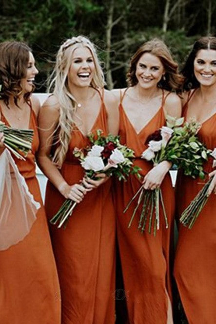 A-Line V-Neck Orange Chiffon Bridesmaid Dress with Split