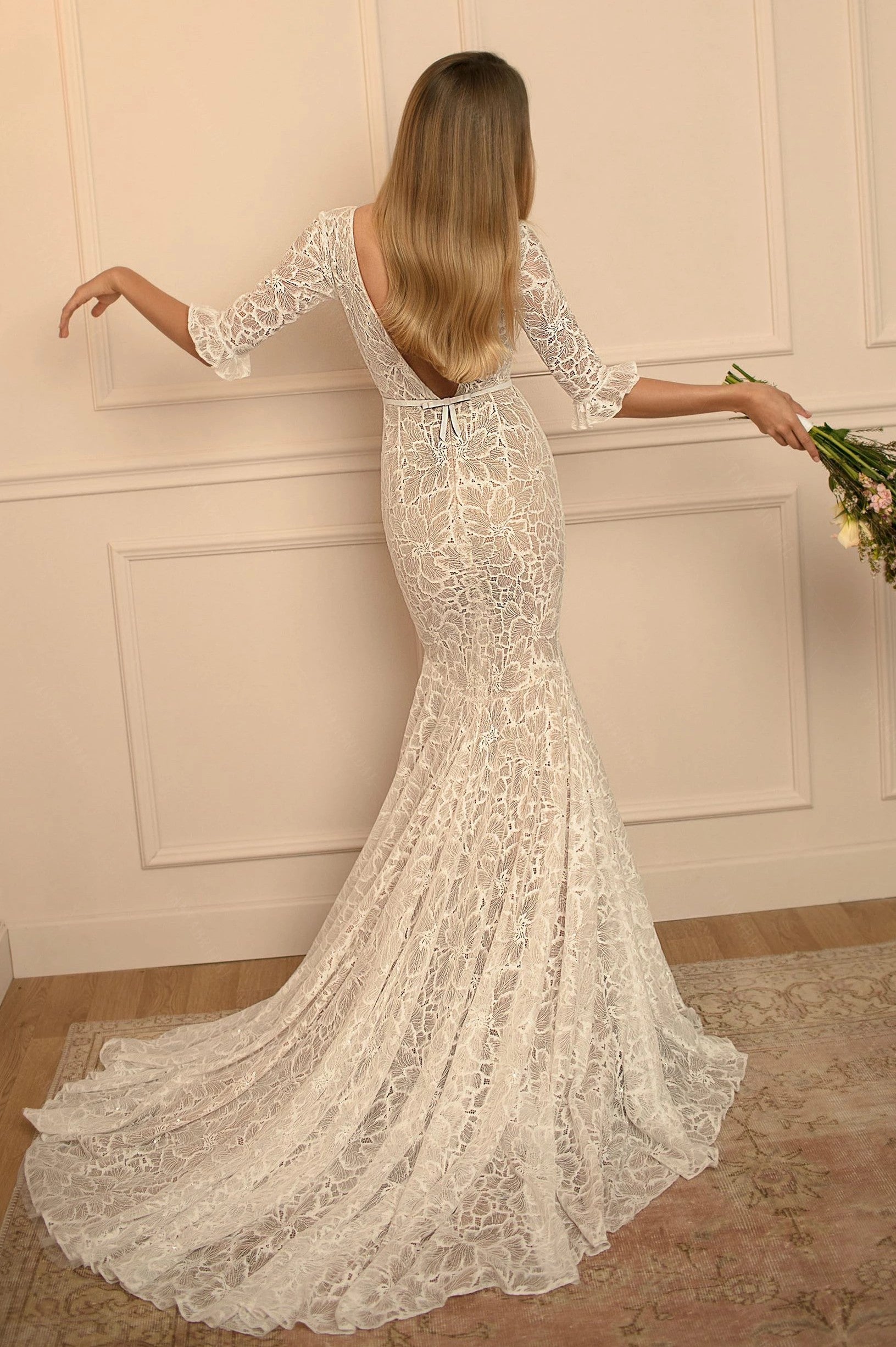 half mermaid wedding dress Mermaid V-neck Short Train Half Sleeve Tulle Applique Wedding Dress