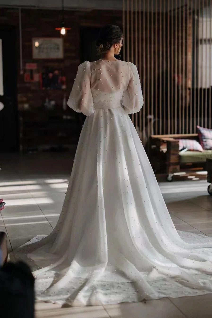 Pearls Organza Satin Wedding Dresses Long Puff Sleeve A Line Bridal Go TANYA BRIDAL Pearls Organza Satin Wedding Dresses Long Puff Sleeve A Line Bridal Go TANYA BRIDAL