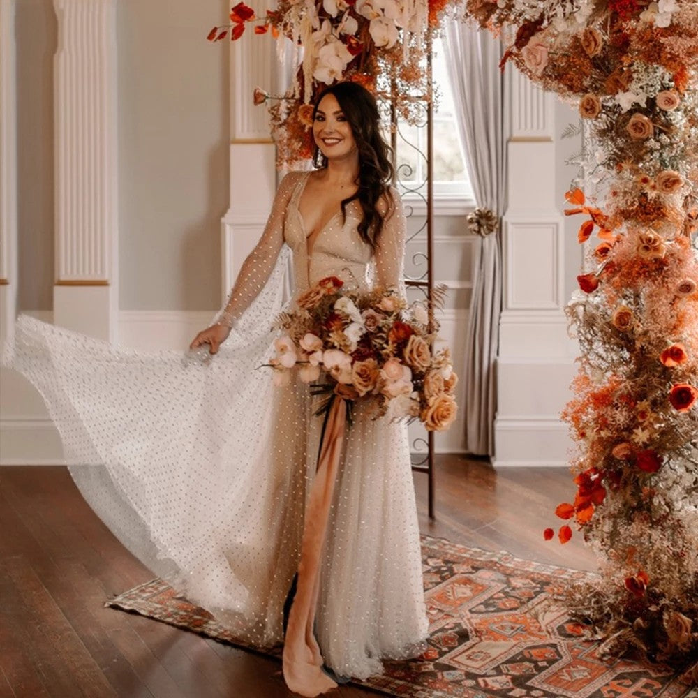 Long Sleeve Sparkly Wedding Dresses A Line Luxury Beaded Bohemian V-Ne TANYA BRIDAL Long Sleeve Sparkly Wedding Dresses A Line Luxury Beaded Bohemian V-Ne TANYA BRIDAL