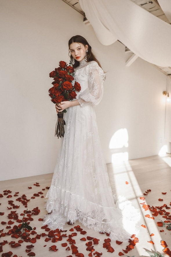 Outstanding Lace Wedding Dresses Puff Long Sleeve ZW090