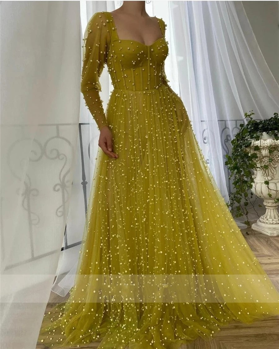 Sweetheart Neckline Hang Up Long Sleeves Yellow Prom Dress with Pocket TANYA BRIDAL Sweetheart Neckline Hang Up Long Sleeves Yellow Prom Dress with Pocket TANYA BRIDAL