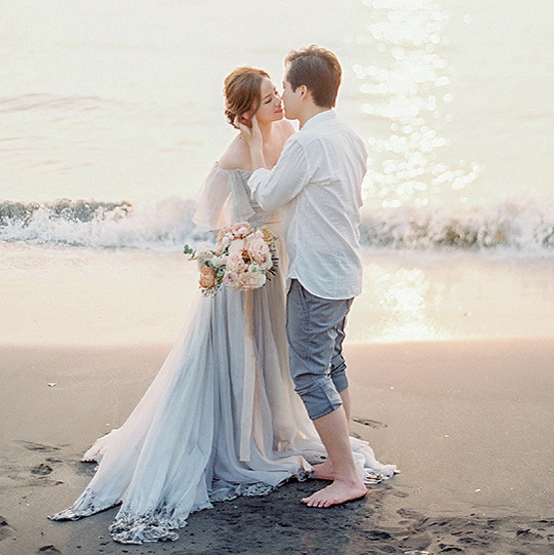 wedding dresses beach style Boho Beach Wedding Dress, White Dotted Tulle, Custom Made