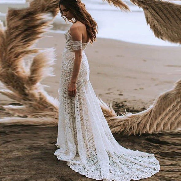 Sexy Boho Beach Soft Ivory Lace Mermaid Wedding Dress 2020