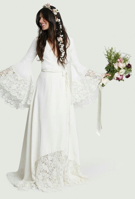 Chic Bohemian Long Bell Sleeve Lace Flower Beach Wedding Dresses