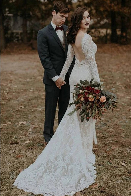 Chic Lace Open Back Wedding Dresses Long Sleeves – TANYA BRIDAL Chic Lace Open Back Wedding Dresses Long Sleeves – TANYA BRIDAL
