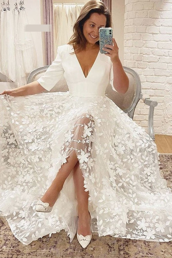 A Line V Neck Floral Lace Half Sleeves Sexy Split Wedding Dress