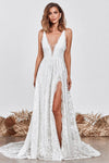 V Neck Floral Rose Lace Side Split Sexy Wedding Bridal Dress