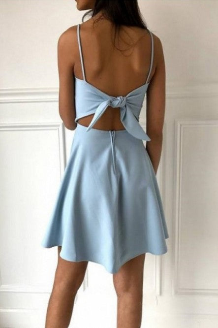 Chic A-line Spaghetti Straps Blue Homecoming Dress with Bowknot