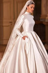 Muslim White Long Sleeves Wedding Dresses High Neck Chapel Train