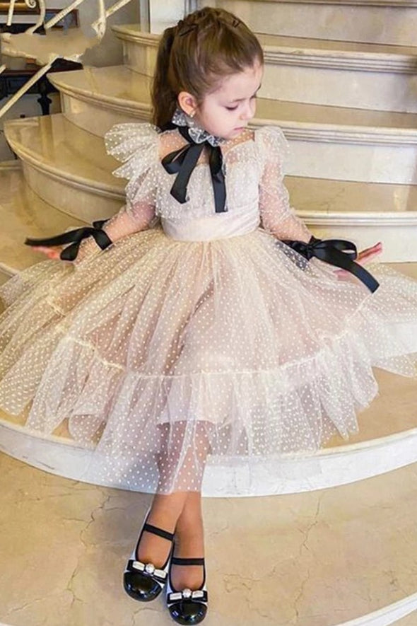 Polka-dot Tulle Flower Girl Dresses Illusion Long Sleeves