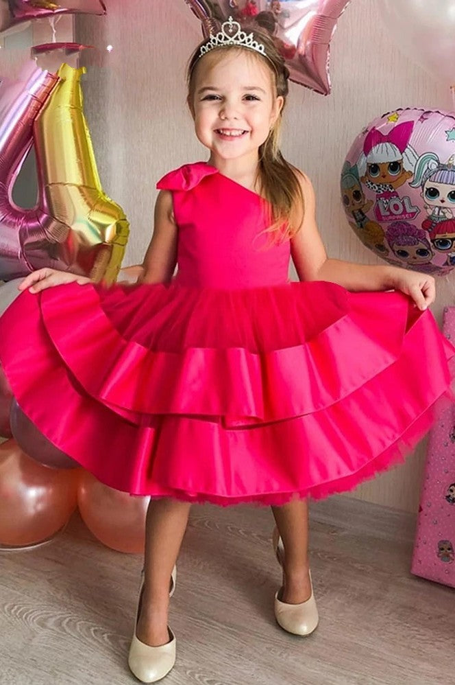 One Shoulder Satin Bow Kids Fuchsia Puffy Layers Flower Girl Dresses - One Shoulder Satin Bow Kids Fuchsia Puffy Layers Flower Girl Dresses -