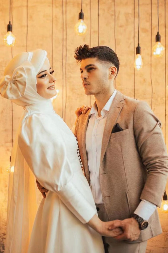 Modest A Line Puffy Shoulder Full Sleeve Arabic Muslim Wedding Dress