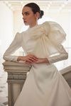 High Collar Long Sleeves A Line Satin Ivory Muslim Wedding Dresses