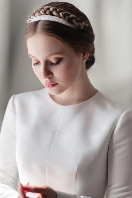 O Neck A-Line  Long Sleeve Ivory Wedding Dress Zipper Back