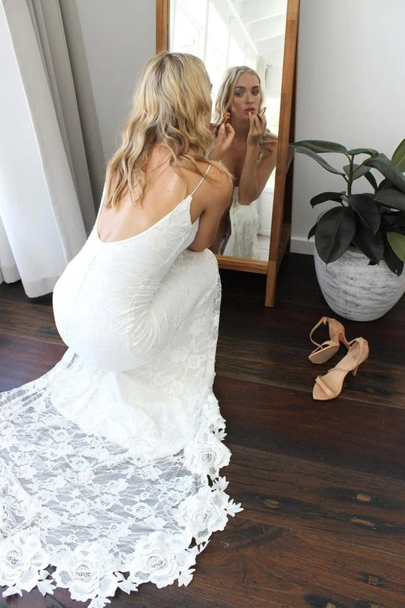 Simple Style Modest Sheath Long Lace Beach Wedding Dress