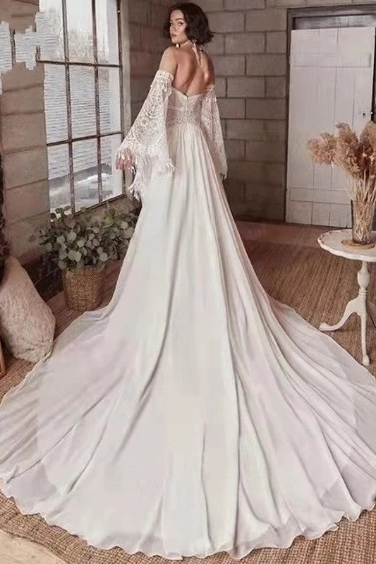 Chic Boho Lace Tassel Flared Sleeves Backless Beach Wedding Dress