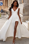 White Evening Dress A Line V Neck Side Slit Prom Gown
