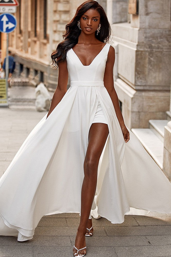 White Evening Dress A Line V Neck Side Slit Prom Gown TANYA BRIDAL White Evening Dress A Line V Neck Side Slit Prom Gown TANYA BRIDAL