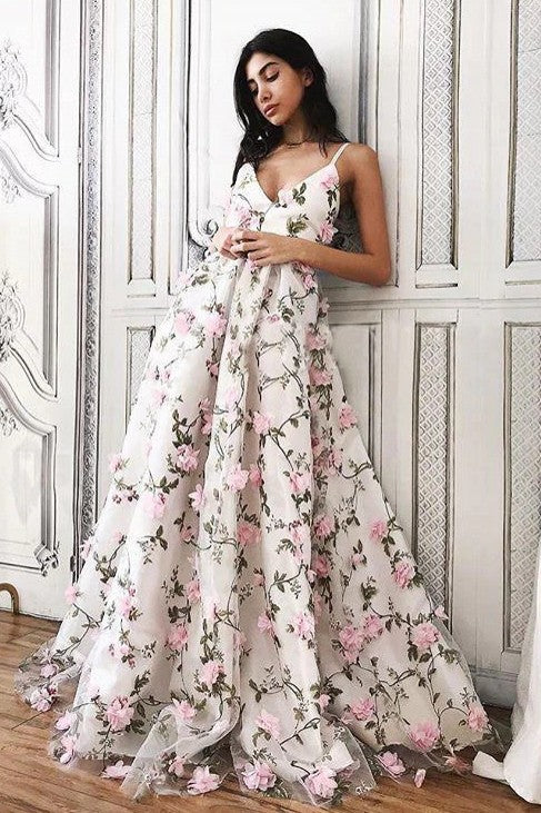 Floral 3D Lace Flowers A Line Fairy Prom Dress Evening Gown