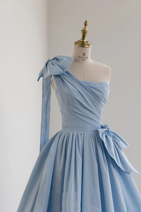 Sky Blue Taffeta Wedding Dresses One Shoulder With Bow ZW836