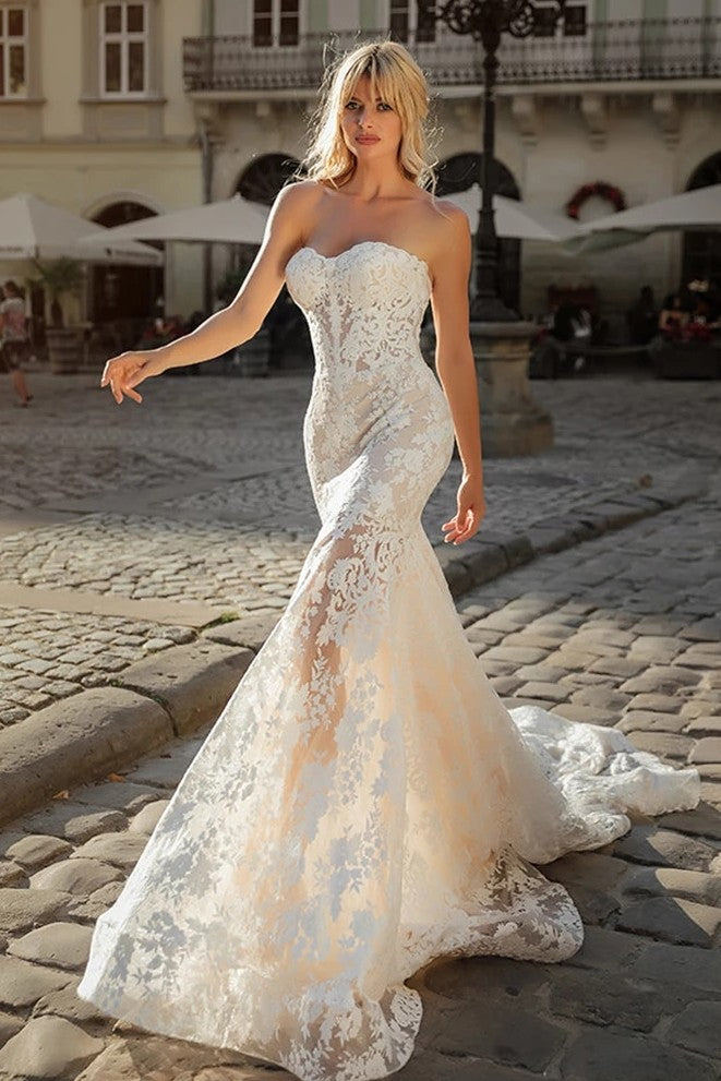 Mermaid Champagne Lace Wedding Dresses Sweetheart ZW872 TANYA BRIDAL Mermaid Champagne Lace Wedding Dresses Sweetheart ZW872 TANYA BRIDAL