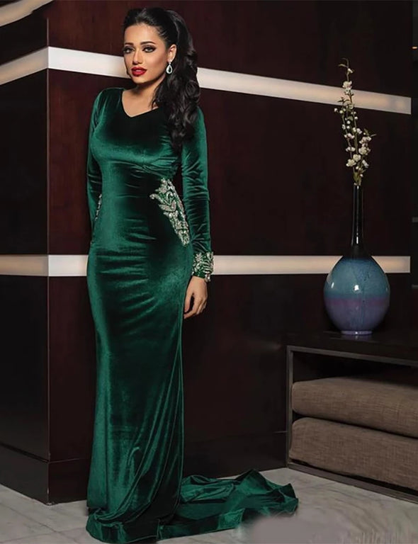 Green Velvet Evening Formal Dresses Lace Beaded V-neck Long Sleeve